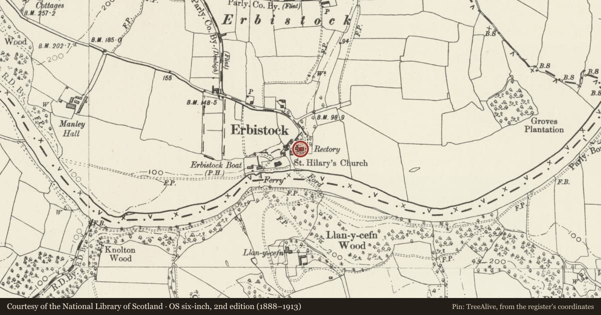 Ordnance Survey six-inch map, 2nd edition (1888–1913) covering the location of The Old Rectory, Erbistock, Wrexham, with a pin at the register's coordinates
