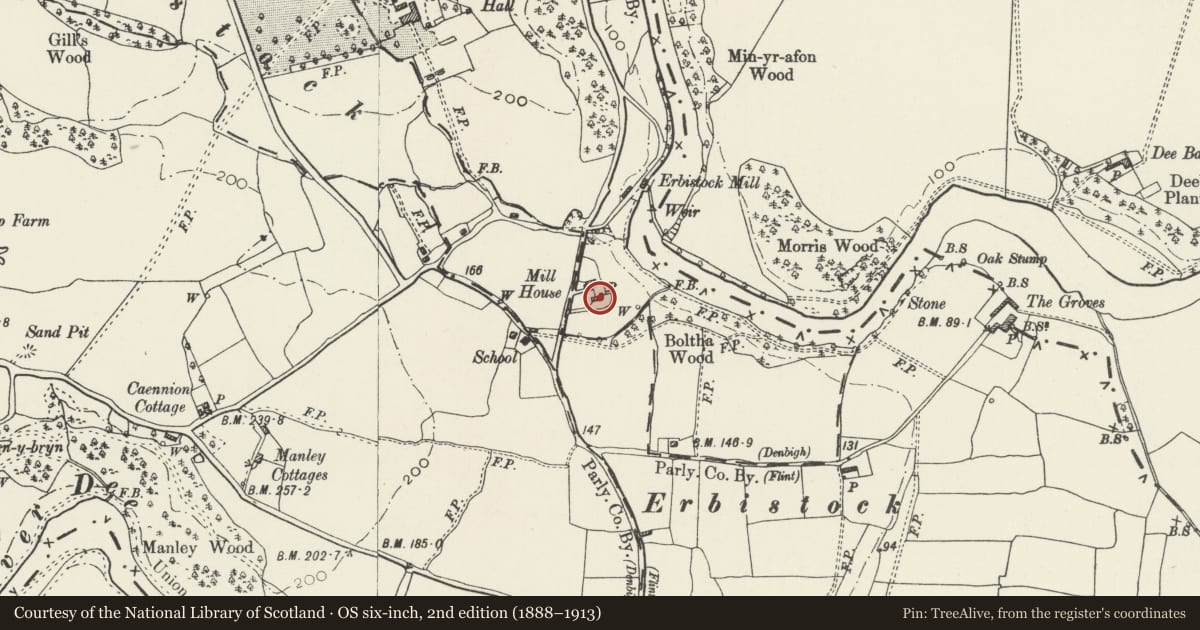 Ordnance Survey six-inch map, 2nd edition (1888–1913) covering the location of Mill House, Erbistock, Wrexham, with a pin at the register's coordinates