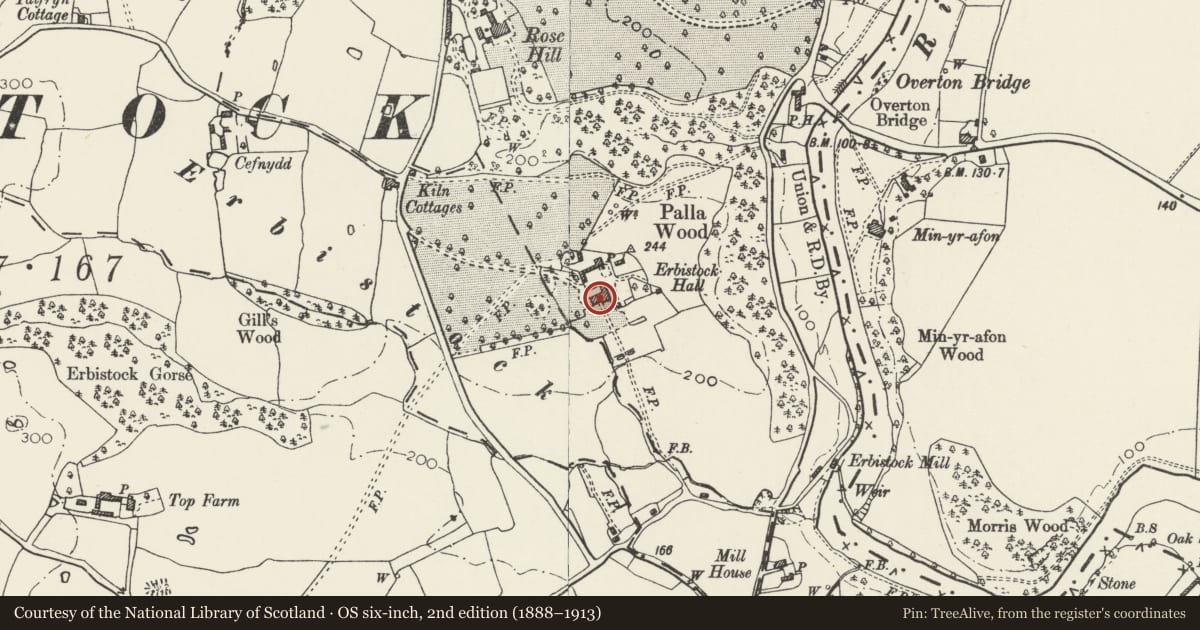 Ordnance Survey six-inch map, 2nd edition (1888–1913) covering the location of Erbistock Hall, Wrexham, with a pin at the register's coordinates