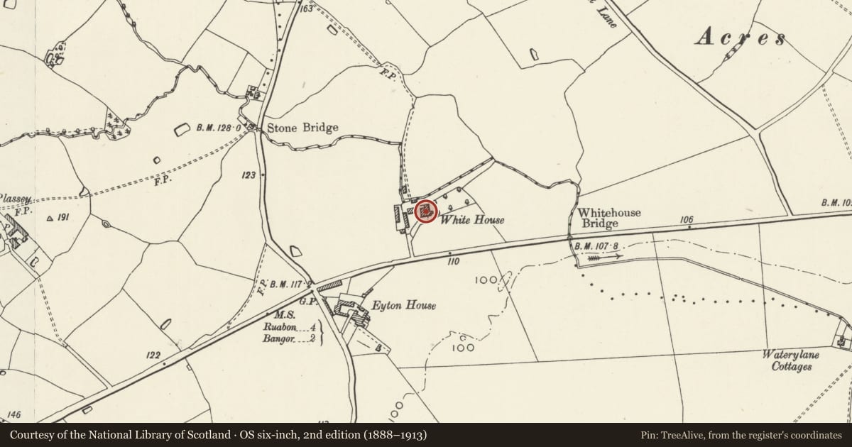 Ordnance Survey six-inch map, 2nd edition (1888–1913) covering the location of White House, Erbistock, Wrexham, with a pin at the register's coordinates
