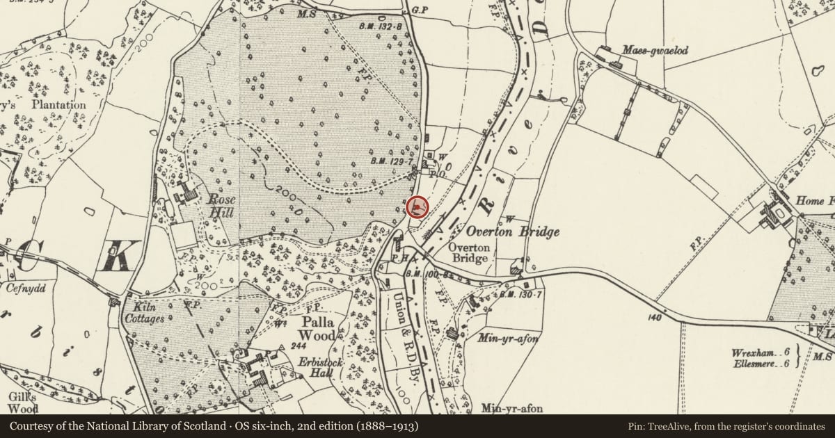Ordnance Survey six-inch map, 2nd edition (1888–1913) covering the location of Old Rose Cottage, Erbistock, Wrexham, with a pin at the register's coordinates