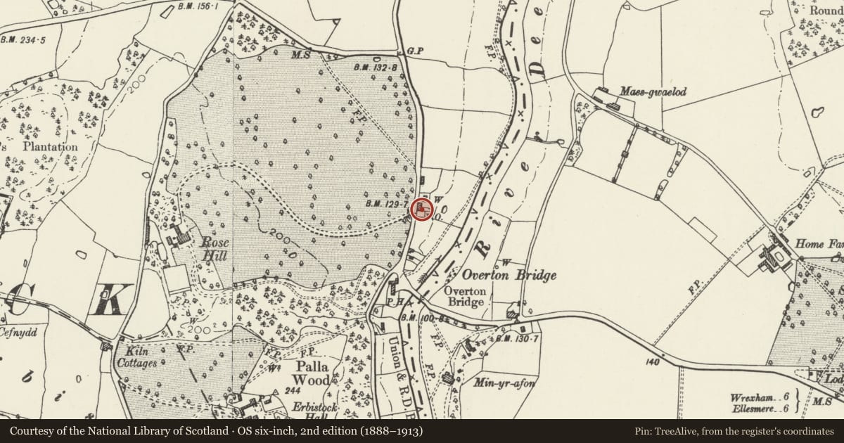 Ordnance Survey six-inch map, 2nd edition (1888–1913) covering the location of Rose Lodge (also known as the Old Post Office), Erbistock, Wrexham, with a pin at the register's coordinates