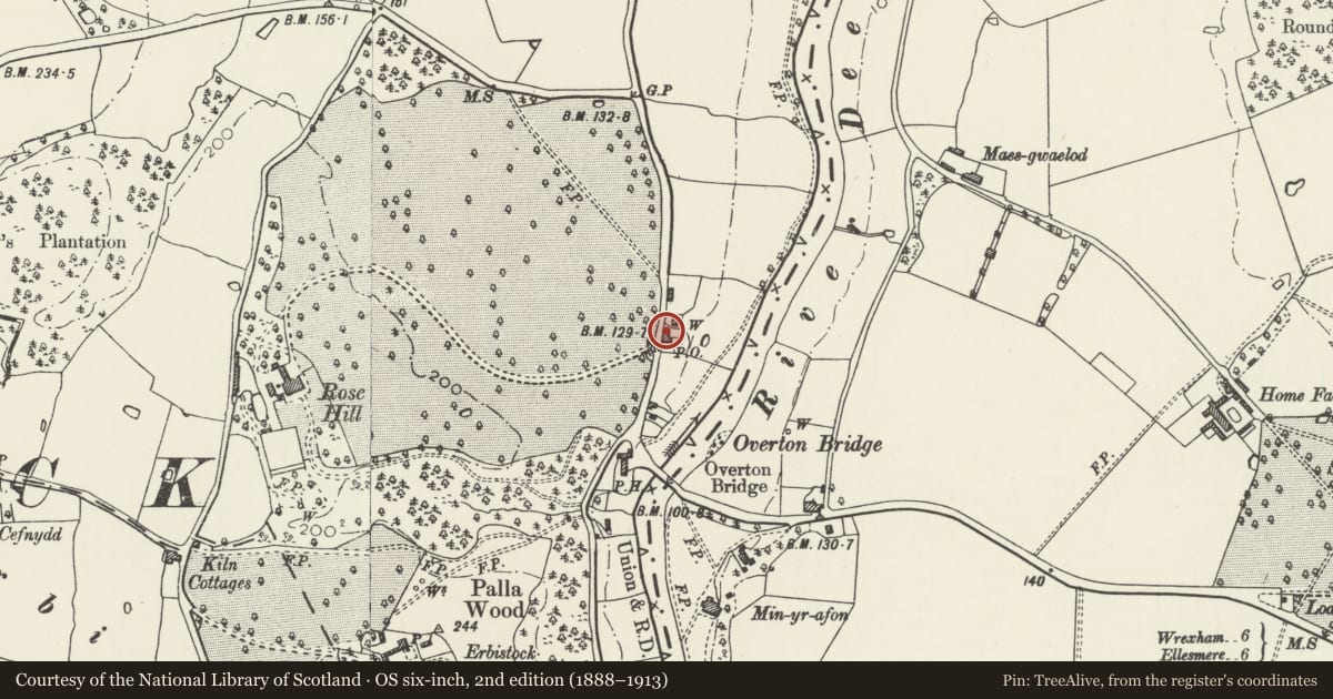 Ordnance Survey six-inch map, 2nd edition (1888–1913) covering the location of Telephone Call-box beside Rose Lodge, Erbistock, Wrexham, with a pin at the register's coordinates