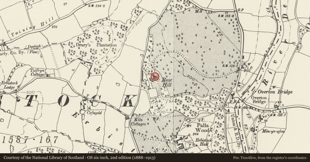 Ordnance Survey six-inch map, 2nd edition (1888–1913) covering the location of Rose Hill (including Walled Garden), Erbistock, Wrexham, with a pin at the register's coordinates