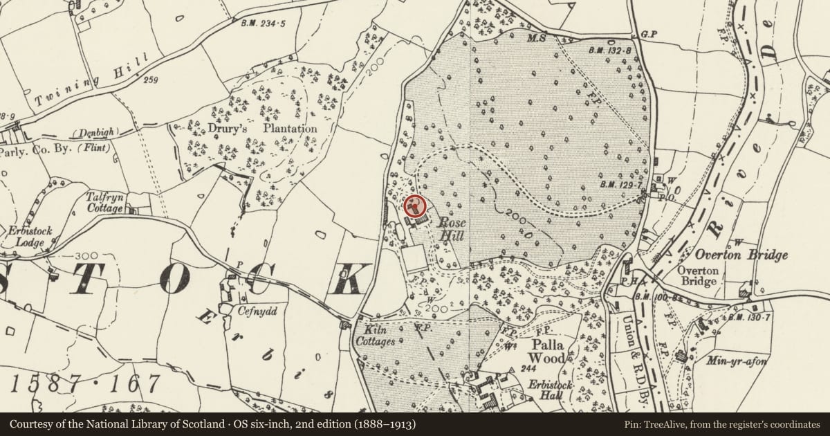 Ordnance Survey six-inch map, 2nd edition (1888–1913) covering the location of Coach House at Rose Hill, Erbistock, Wrexham, with a pin at the register's coordinates