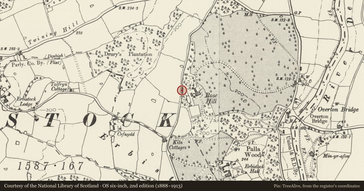 Ordnance Survey six-inch map, 2nd edition (1888–1913) covering the location of Barn at Rose Hill, Erbistock, Wrexham, with a pin at the register's coordinates