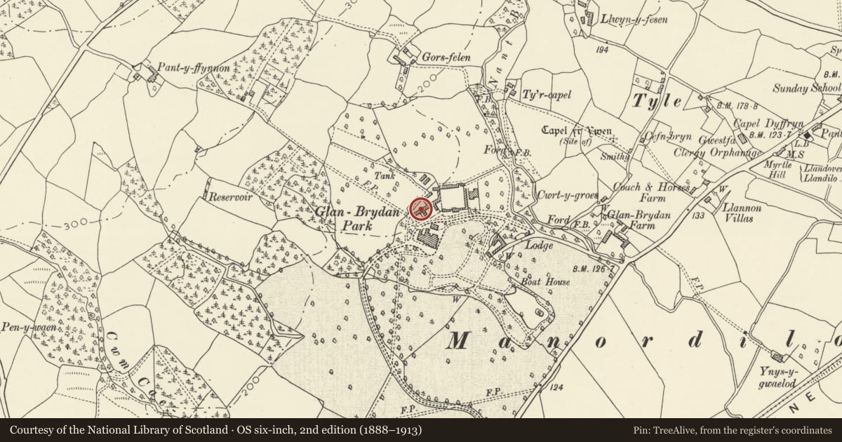 Ordnance Survey six-inch map, 2nd edition (1888–1913) covering the location of Tower House, Manordeilo and Salem, Carmarthenshire, with a pin at the register's coordinates