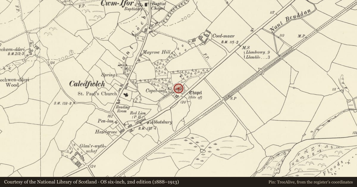 Ordnance Survey six-inch map, 2nd edition (1888–1913) covering the location of Attached Stable Range to W of Capel Isaf, Manordeilo and Salem, Carmarthenshire, with a pin at the register's coordinates