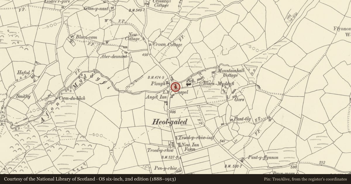 Ordnance Survey six-inch map, 2nd edition (1888–1913) covering the location of Salem Independent Chapel, Manordeilo and Salem, Carmarthenshire, with a pin at the register's coordinates
