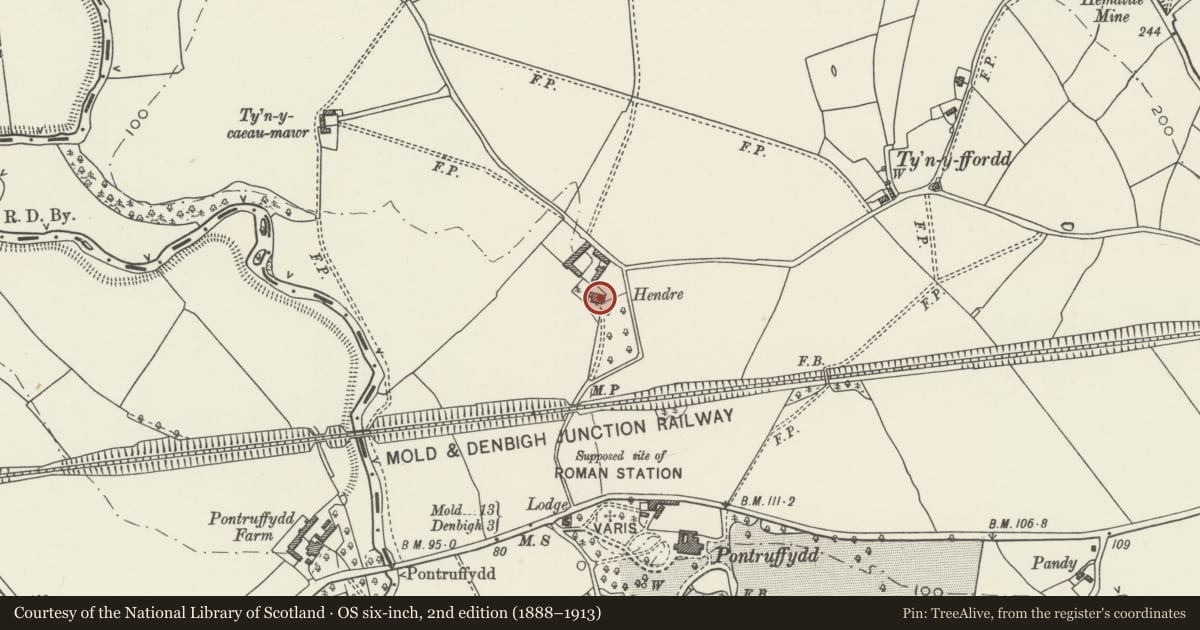 Ordnance Survey six-inch map, 2nd edition (1888–1913) covering the location of Hendre (Former Farmhouse), Bodfari, Denbighshire, with a pin at the register's coordinates