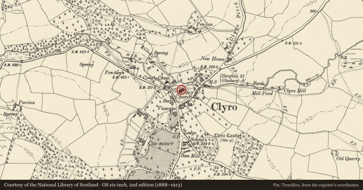 Ordnance Survey six-inch map, 2nd edition (1888–1913) covering the location of Church of Saint Michael and All Angels, Clyro, Powys, with a pin at the register's coordinates