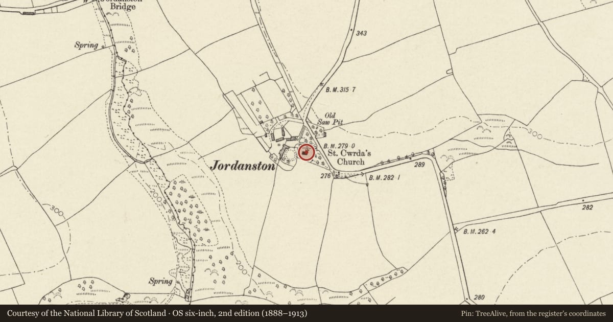 Ordnance Survey six-inch map, 2nd edition (1888–1913) covering the location of St Cawrda Church, Scleddau, Pembrokeshire, with a pin at the register's coordinates