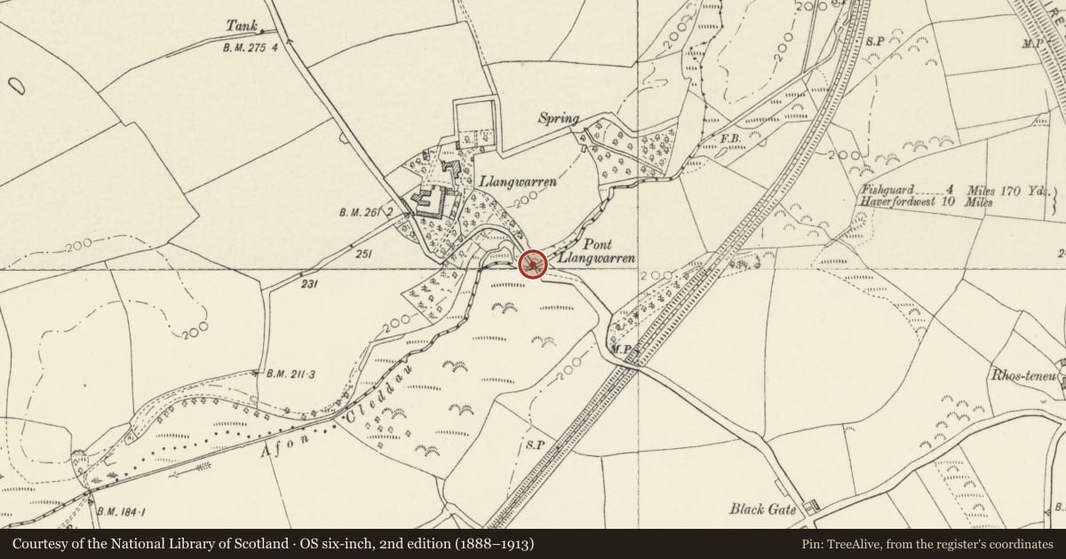 Ordnance Survey six-inch map, 2nd edition (1888–1913) covering the location of Llangwarren Bridge (partly in Letterston Community), Scleddau, Pembrokeshire, with a pin at the register's coordinates