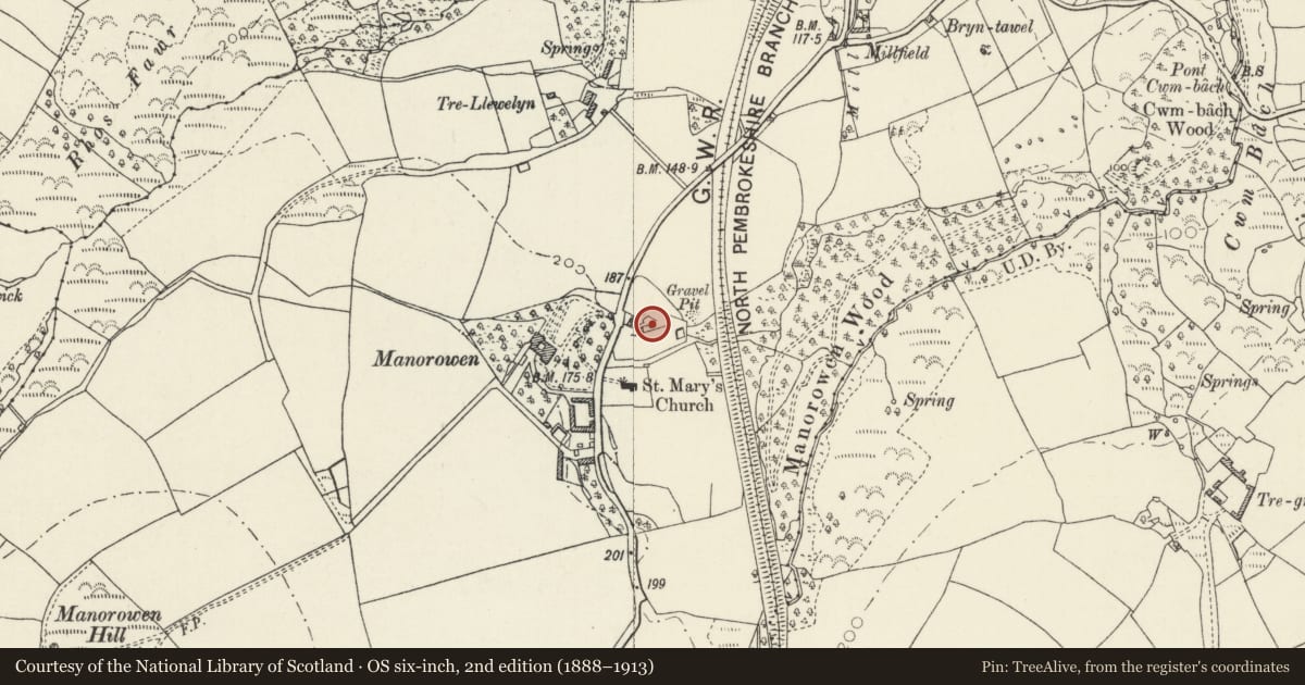 Ordnance Survey six-inch map, 2nd edition (1888–1913) covering the location of Gazebo in walled garden at Manorowen, Scleddau, Pembrokeshire, with a pin at the register's coordinates
