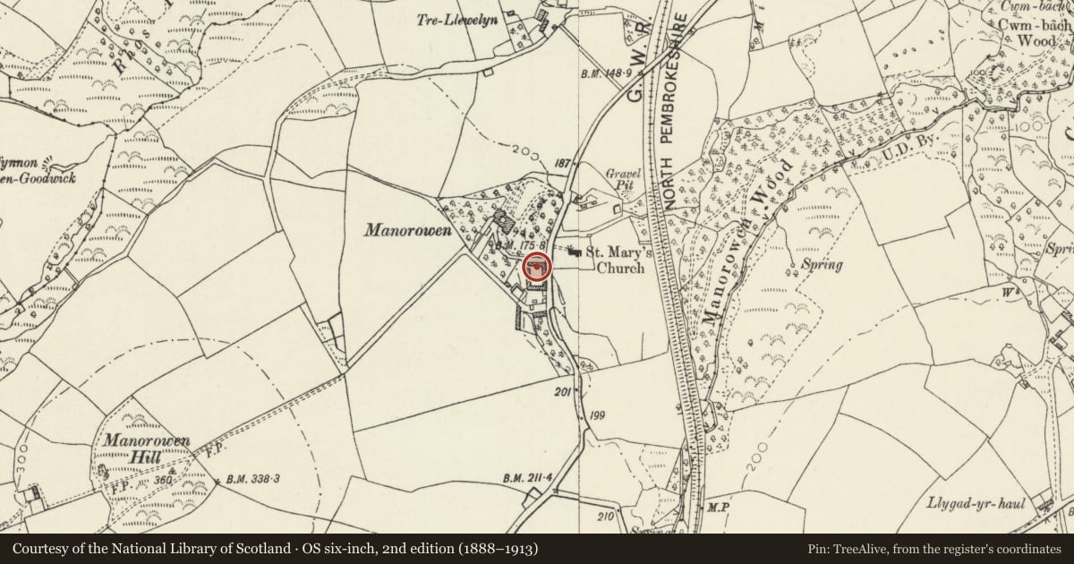 Ordnance Survey six-inch map, 2nd edition (1888–1913) covering the location of Home Farm Buildings, Manorwen north range, Scleddau, Pembrokeshire, with a pin at the register's coordinates