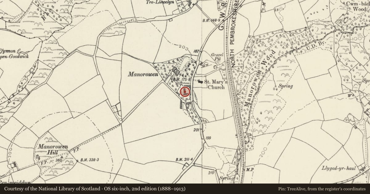 Ordnance Survey six-inch map, 2nd edition (1888–1913) covering the location of Home Farm Buildings, Scleddau, Pembrokeshire, with a pin at the register's coordinates