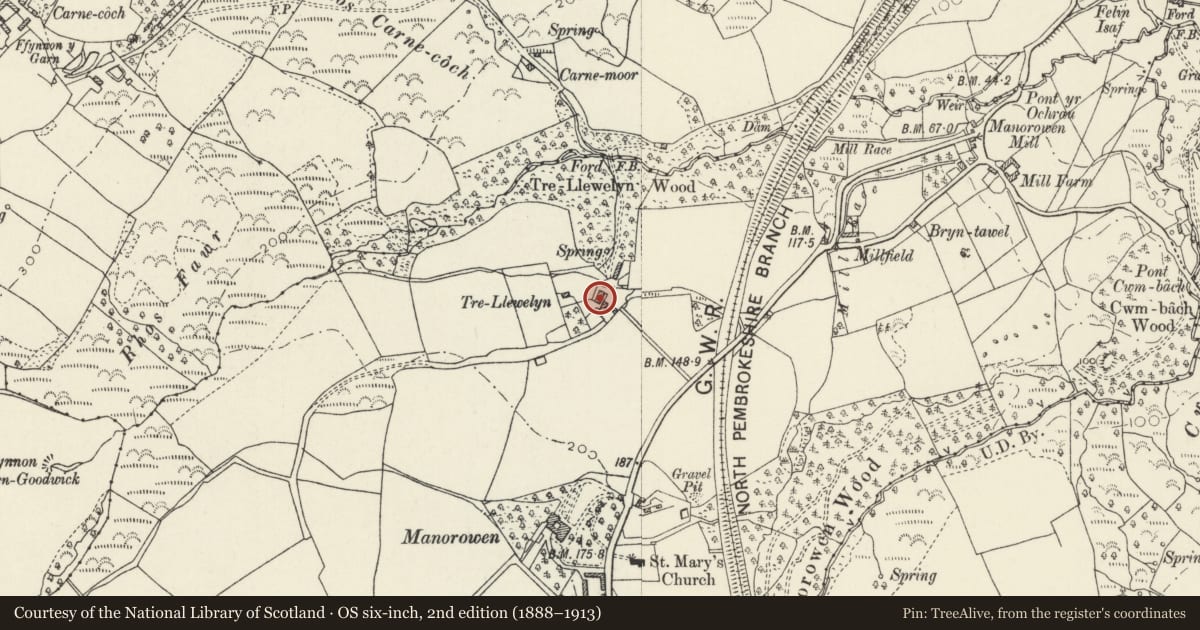 Ordnance Survey six-inch map, 2nd edition (1888–1913) covering the location of Tre-Llewelyn, Scleddau, Pembrokeshire, with a pin at the register's coordinates