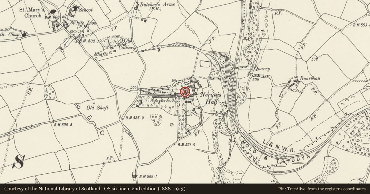 Ordnance Survey six-inch map, 2nd edition (1888–1913) covering the location of Gateway, Nercwys, Flintshire, with a pin at the register's coordinates