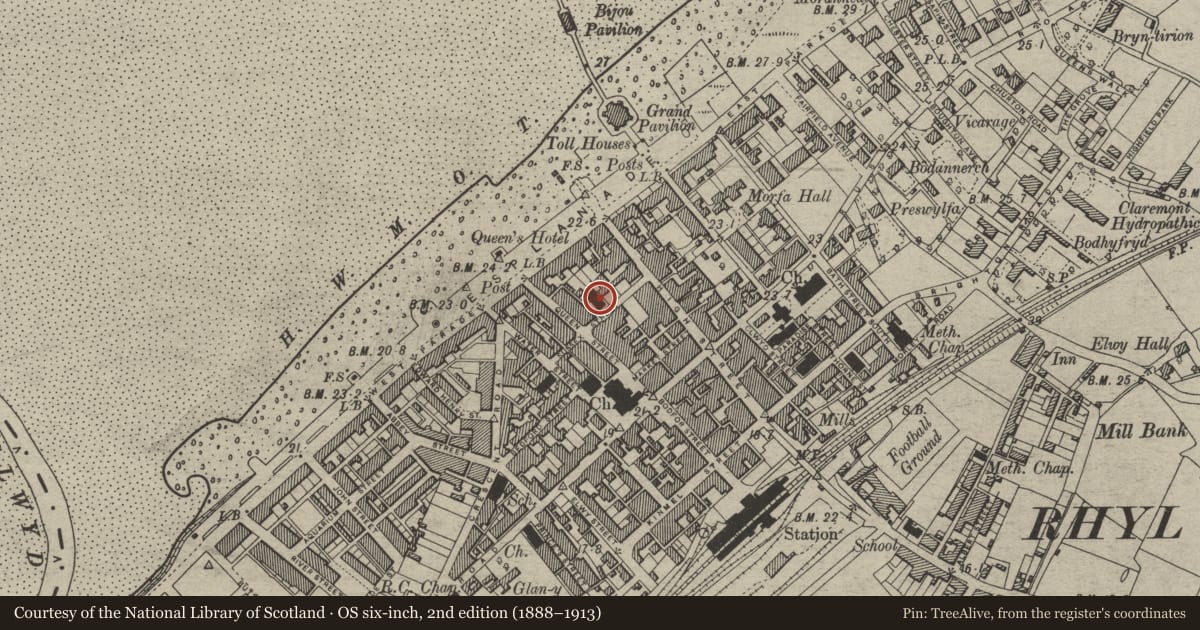 Ordnance Survey six-inch map, 2nd edition (1888–1913) covering the location of Sussex Street Baptist Church, Rhyl, Denbighshire, with a pin at the register's coordinates