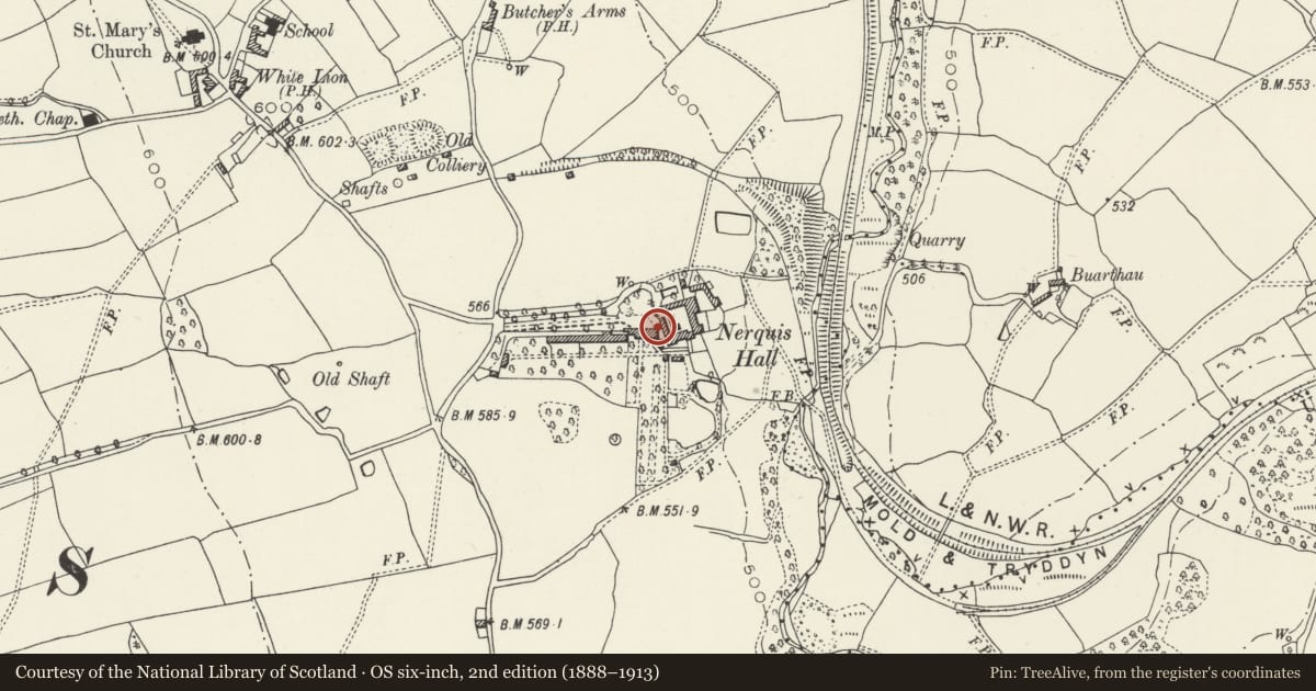 Ordnance Survey six-inch map, 2nd edition (1888–1913) covering the location of Ground Floor of Former E Wing, Nercwys, Flintshire, with a pin at the register's coordinates