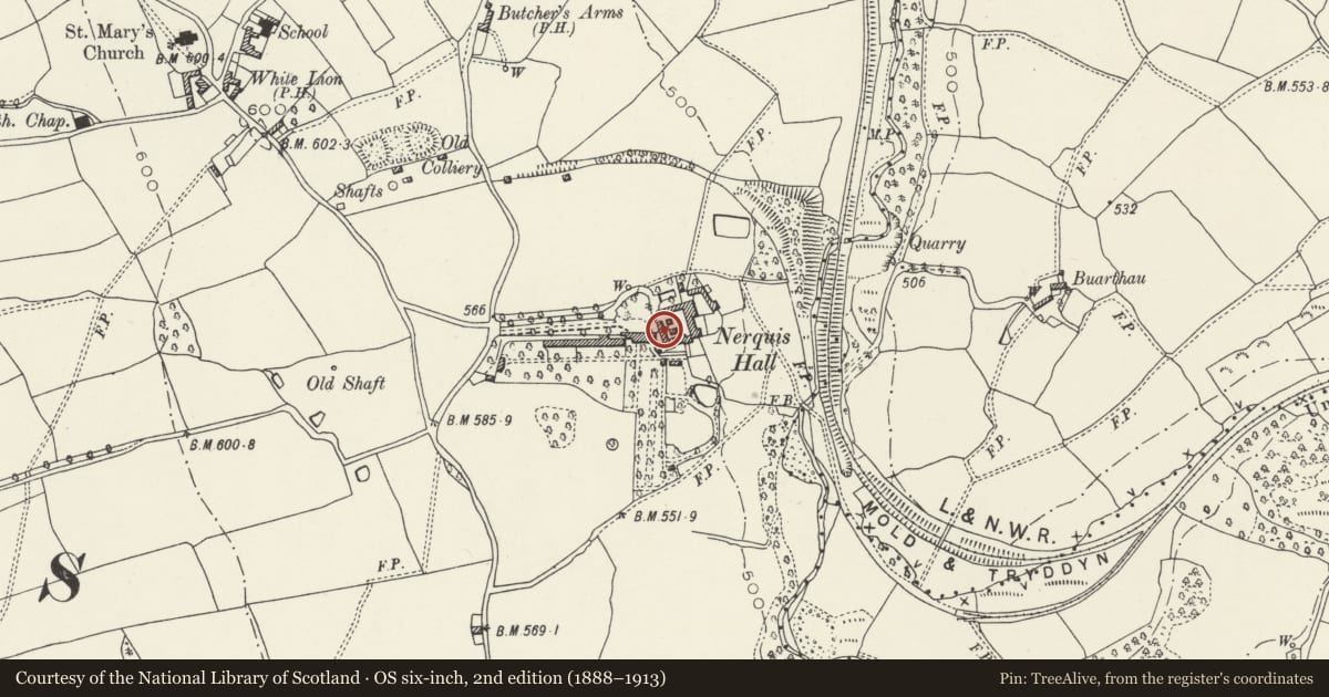 Ordnance Survey six-inch map, 2nd edition (1888–1913) covering the location of Garage Block (former outbuilding) at Nerquis Hall, Nercwys, Flintshire, with a pin at the register's coordinates