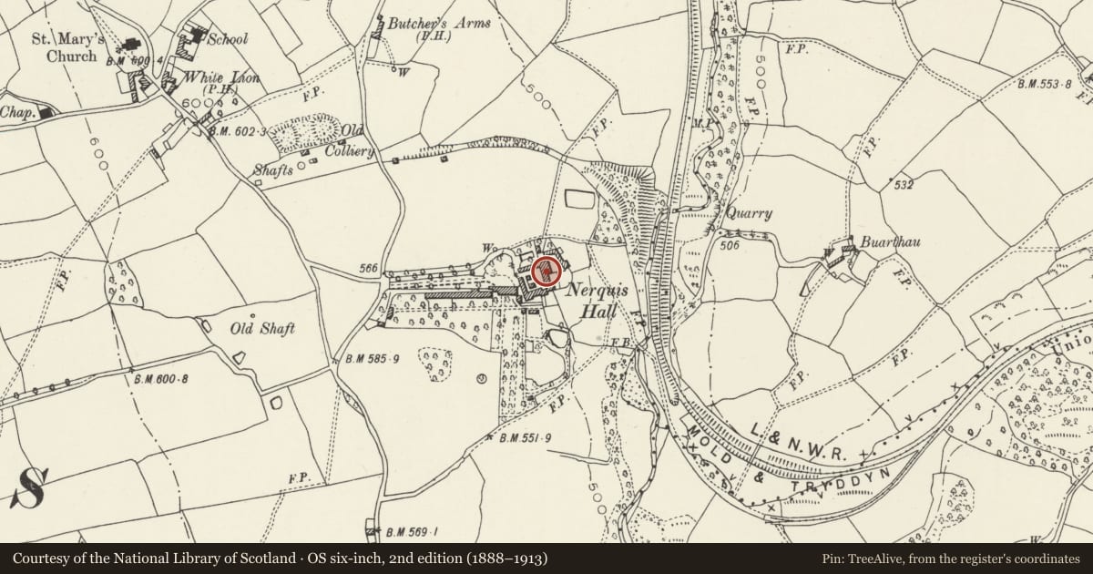 Ordnance Survey six-inch map, 2nd edition (1888–1913) covering the location of Barn at Nequis Hall Estate, Nercwys, Flintshire, with a pin at the register's coordinates
