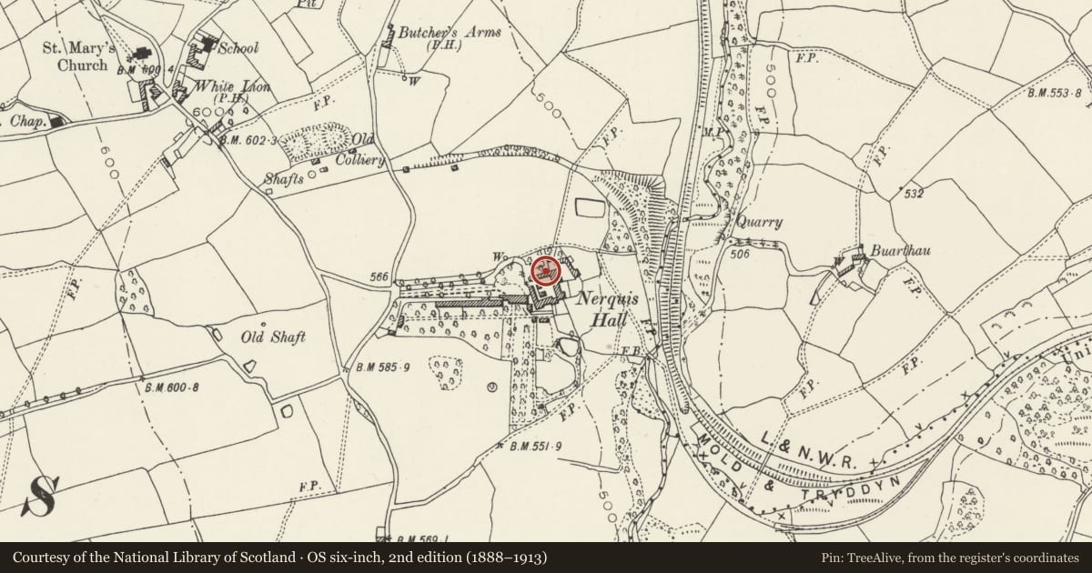 Ordnance Survey six-inch map, 2nd edition (1888–1913) covering the location of Stable/Office Range at Nerquis Hall Estate, Nercwys, Flintshire, with a pin at the register's coordinates