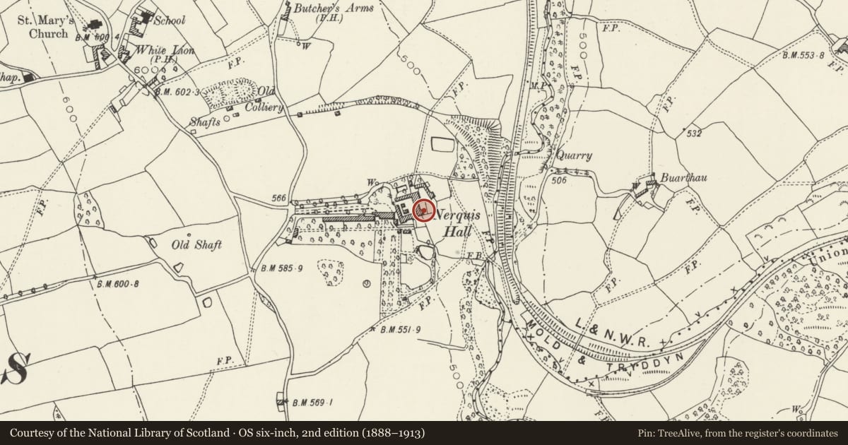 Ordnance Survey six-inch map, 2nd edition (1888–1913) covering the location of Piggeries at Nerquis Hall, Nercwys, Flintshire, with a pin at the register's coordinates