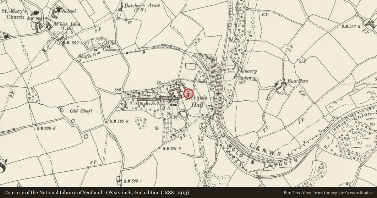 Ordnance Survey six-inch map, 2nd edition (1888–1913) covering the location of Enclosing Walls to rear meadow at Nerquis House, Nercwys, Flintshire, with a pin at the register's coordinates