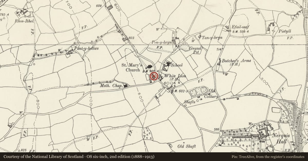 Ordnance Survey six-inch map, 2nd edition (1888–1913) covering the location of Plas yn Llan, Nercwys, Flintshire, with a pin at the register's coordinates