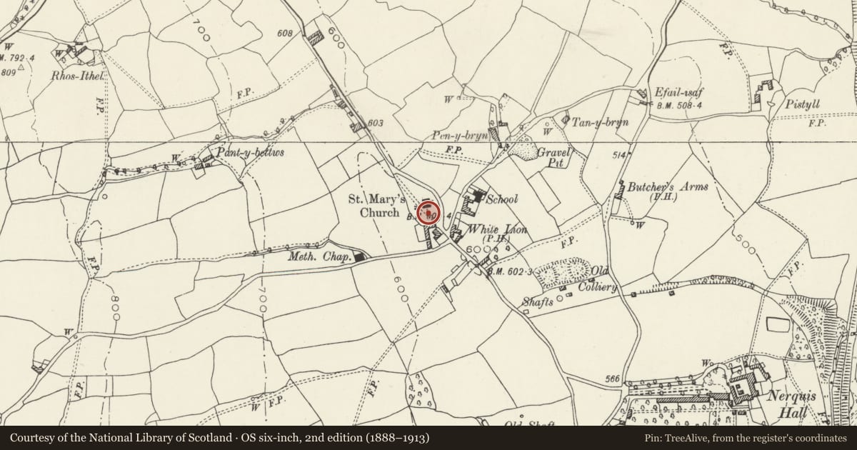Ordnance Survey six-inch map, 2nd edition (1888–1913) covering the location of Sundial in St Mary's Churchyard, Nercwys, Flintshire, with a pin at the register's coordinates
