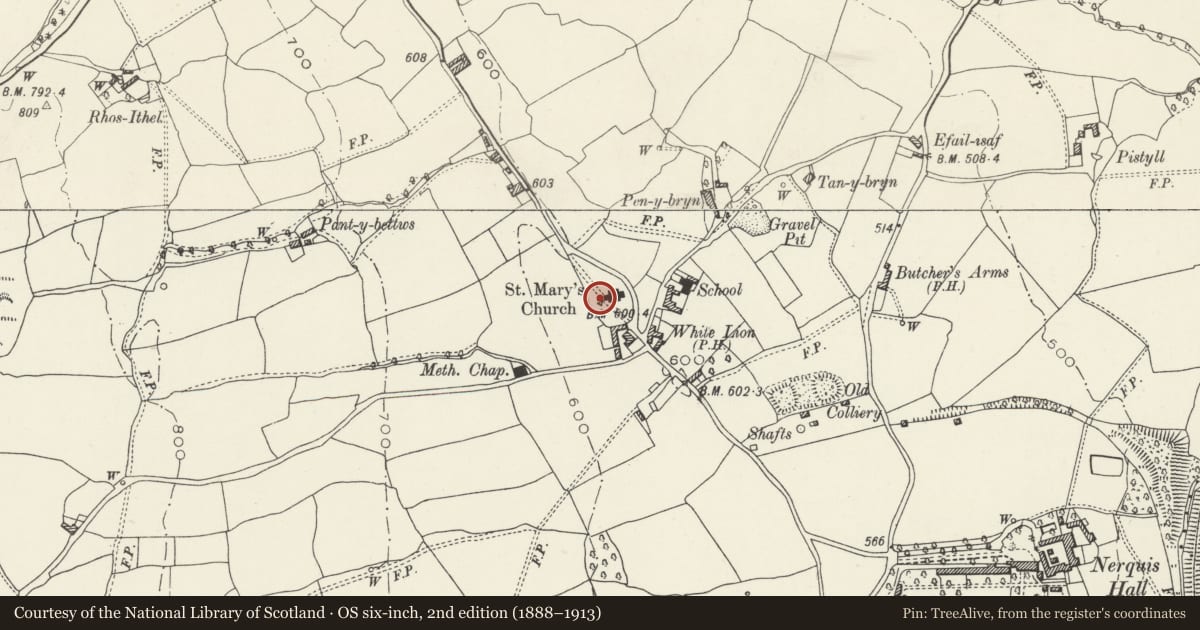 Ordnance Survey six-inch map, 2nd edition (1888–1913) covering the location of Nerquis Hall Monument in St. Mary's Churchyard, Nercwys, Flintshire, with a pin at the register's coordinates