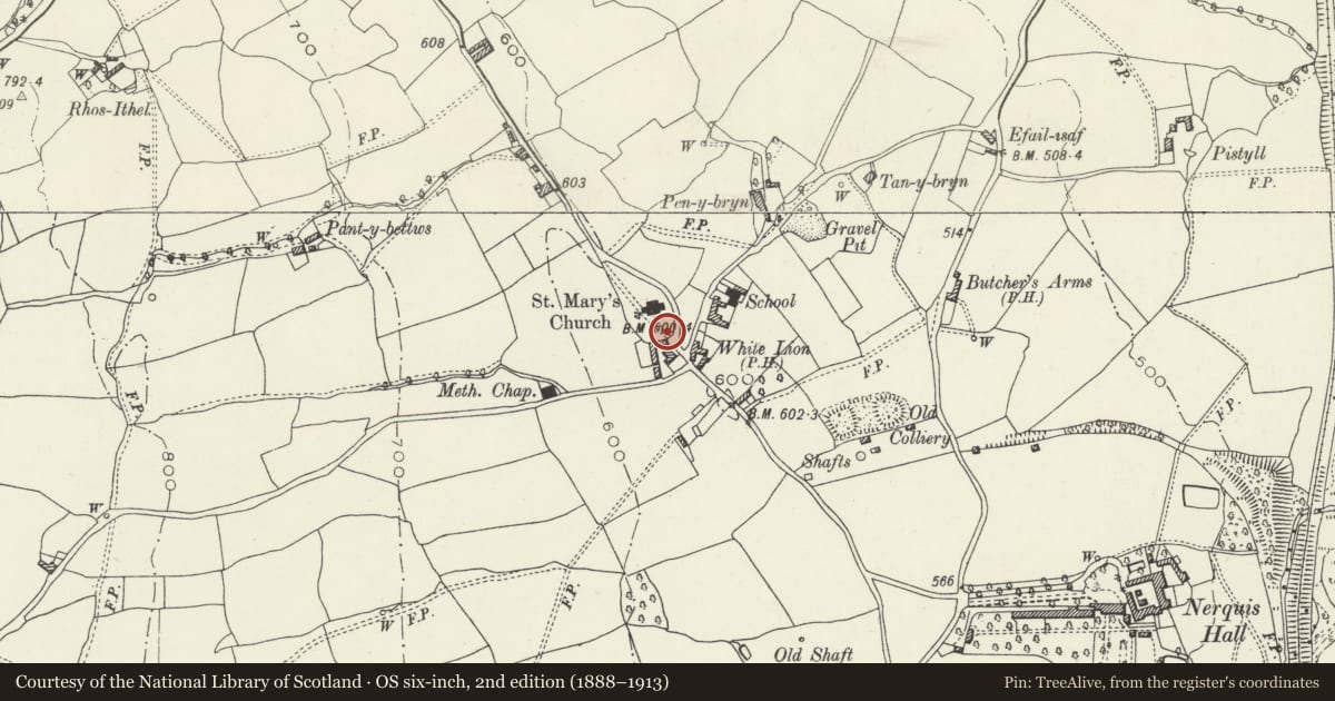 Ordnance Survey six-inch map, 2nd edition (1888–1913) covering the location of Former Bier-House at St Mary's Church, Nercwys, Flintshire, with a pin at the register's coordinates