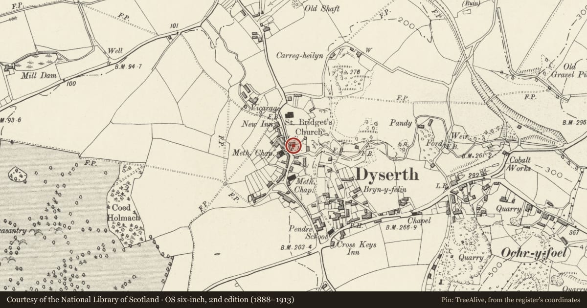 Ordnance Survey six-inch map, 2nd edition (1888–1913) covering the location of Telephone Call-box at Entrance to Car Park for Waterfall, Dyserth, Denbighshire, with a pin at the register's coordinates