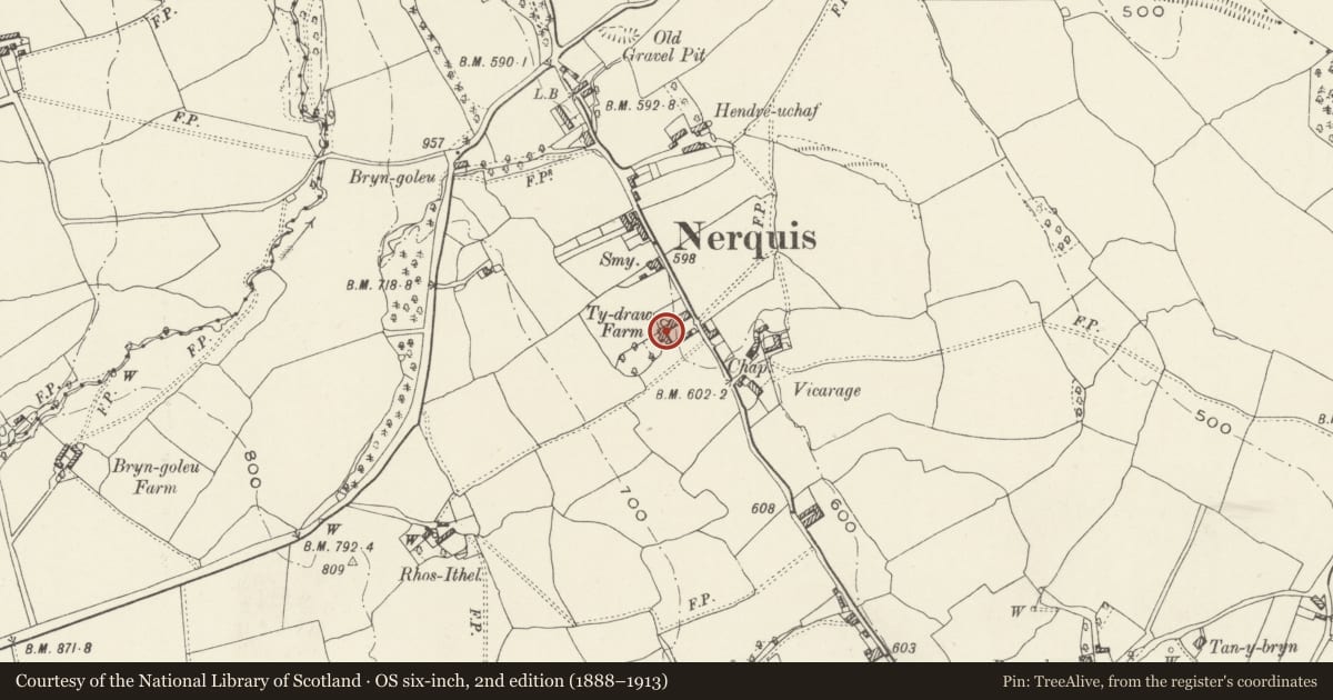 Ordnance Survey six-inch map, 2nd edition (1888–1913) covering the location of Ty Draw Farmhouse, Nercwys, Flintshire, with a pin at the register's coordinates