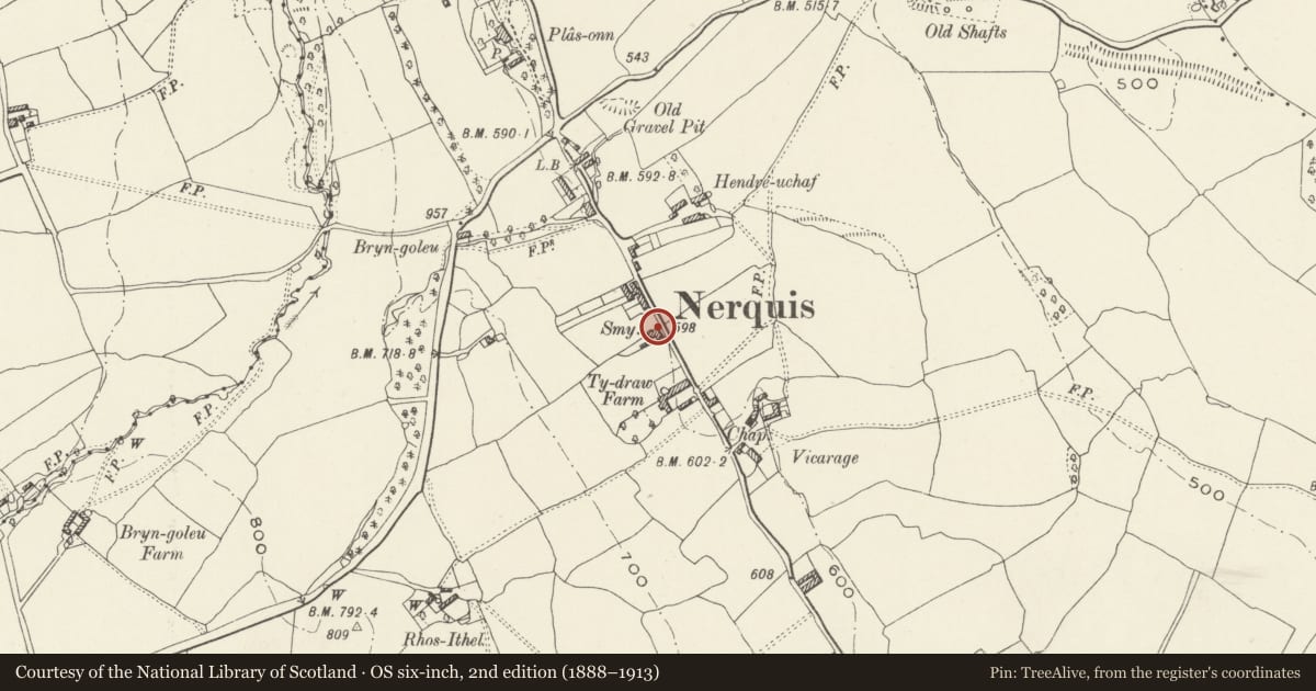 Ordnance Survey six-inch map, 2nd edition (1888–1913) covering the location of The Old Smithy Cottage, Nercwys, Flintshire, with a pin at the register's coordinates