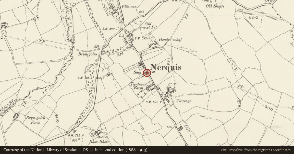Ordnance Survey six-inch map, 2nd edition (1888–1913) covering the location of Attached Smithy, Nercwys, Flintshire, with a pin at the register's coordinates