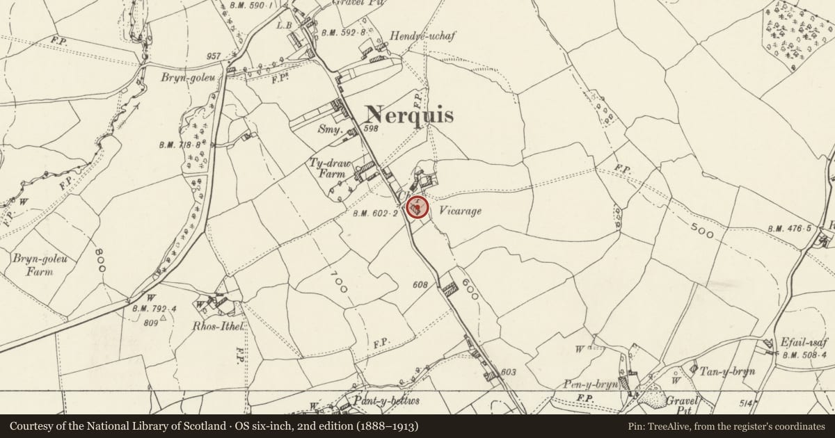 Ordnance Survey six-inch map, 2nd edition (1888–1913) covering the location of Plas Ffynnon, Nercwys, Flintshire, with a pin at the register's coordinates