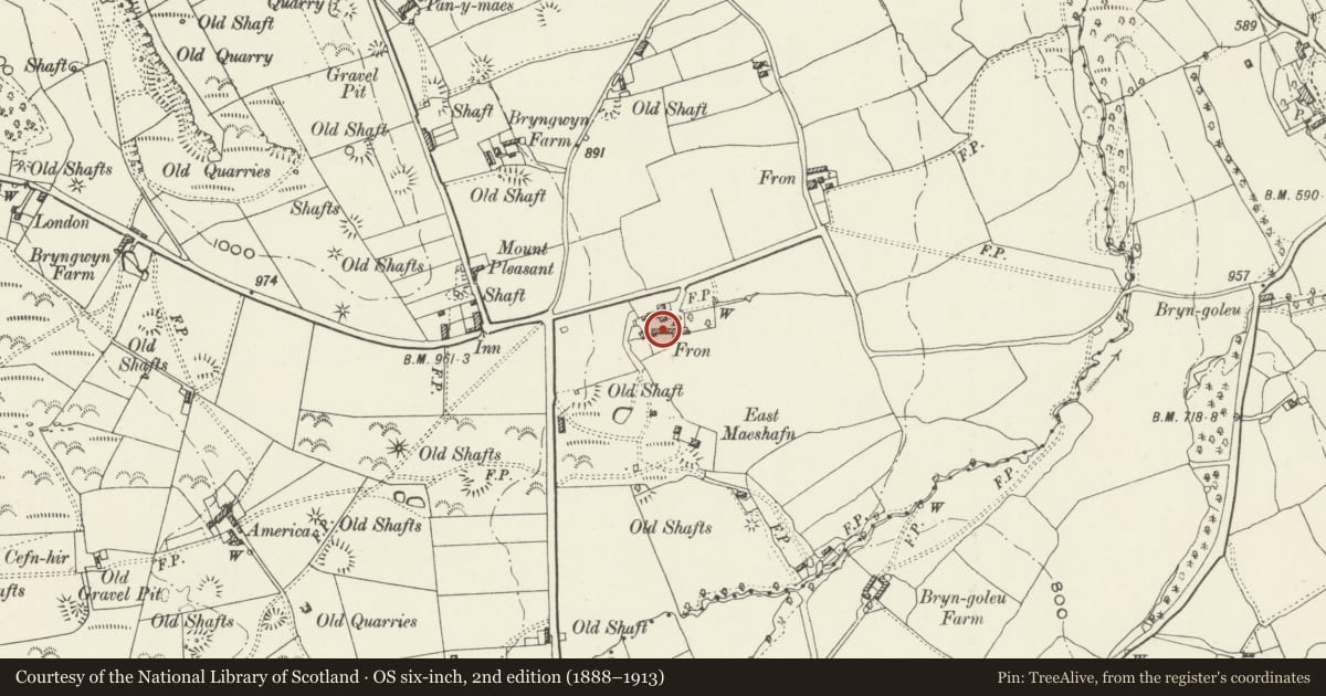 Ordnance Survey six-inch map, 2nd edition (1888–1913) covering the location of L-Shaped Agricultural Range at Fron Farm, Nercwys, Flintshire, with a pin at the register's coordinates