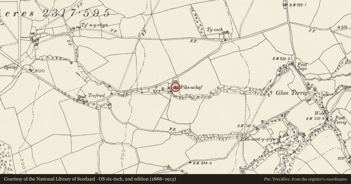 Ordnance Survey six-inch map, 2nd edition (1888–1913) covering the location of Barn at Plas Ucha Farm, Nercwys, Flintshire, with a pin at the register's coordinates