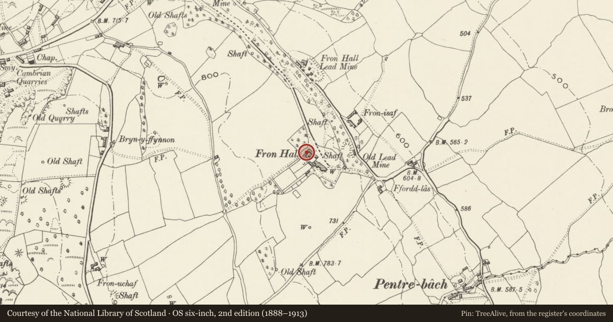 Ordnance Survey six-inch map, 2nd edition (1888–1913) covering the location of U-Shaped Agricultural Range to the west of Fron Hall, Gwernymynydd, Flintshire, with a pin at the register's coordinates
