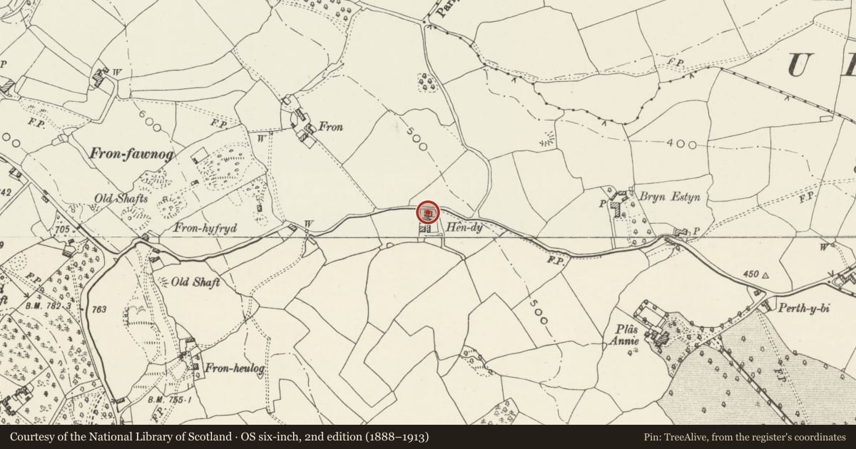 Ordnance Survey six-inch map, 2nd edition (1888–1913) covering the location of Hen-dy, Gwernymynydd, Flintshire, with a pin at the register's coordinates