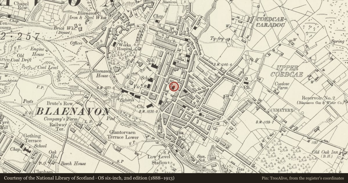 Ordnance Survey six-inch map, 2nd edition (1888–1913) covering the location of Bethlehem Congregational Church (also known as Bethlehem Independent Chapel), Blaenavon, Torfaen, with a pin at the register's coordinates