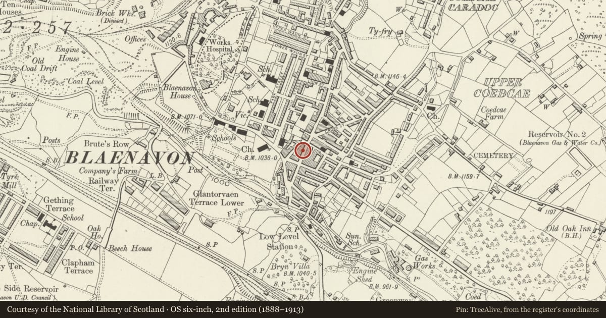 Ordnance Survey six-inch map, 2nd edition (1888–1913) covering the location of 15 Broad Street, Blaenavon, Torfaen, with a pin at the register's coordinates