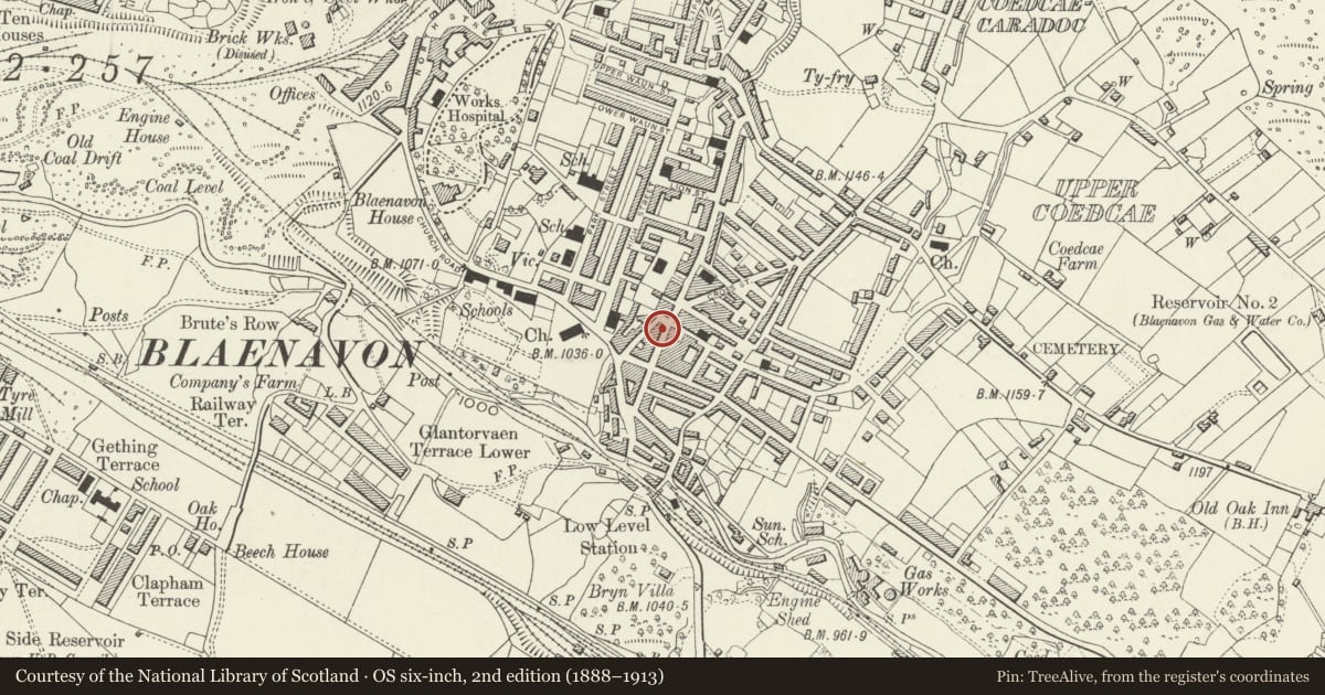 Ordnance Survey six-inch map, 2nd edition (1888–1913) covering the location of 18 Broad Street, Blaenavon, Torfaen, with a pin at the register's coordinates
