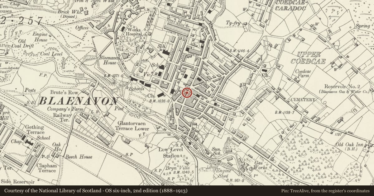 Ordnance Survey six-inch map, 2nd edition (1888–1913) covering the location of 19 Broad Street, Blaenavon, Torfaen, with a pin at the register's coordinates