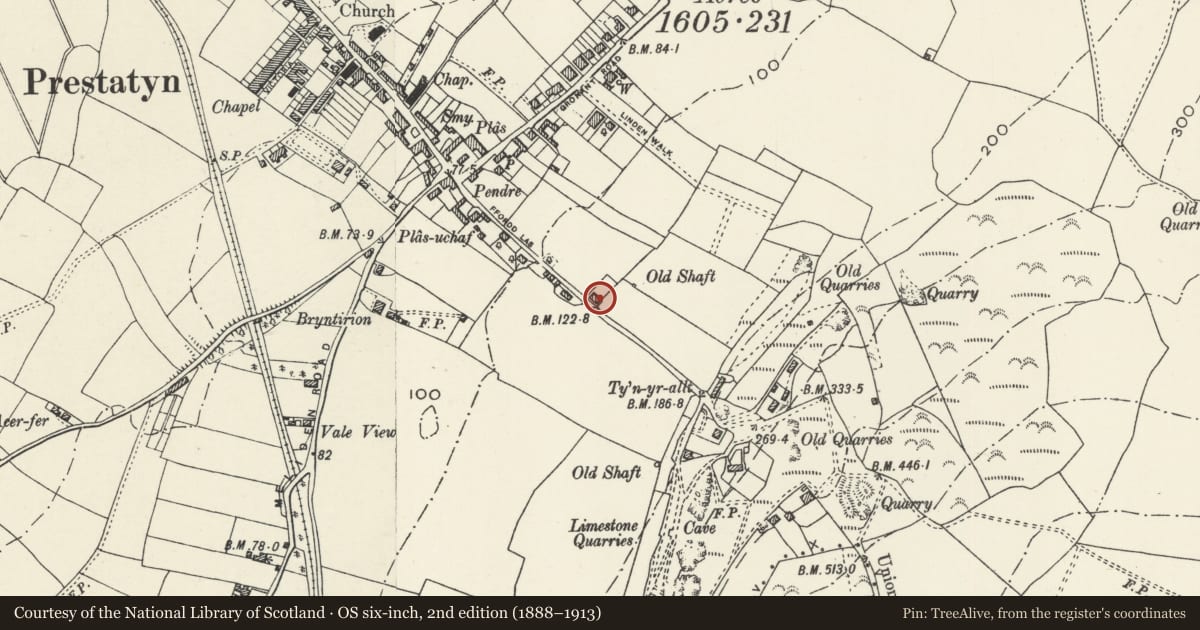 Ordnance Survey six-inch map, 2nd edition (1888–1913) covering the location of Plâs Ifan, Prestatyn, Denbighshire, with a pin at the register's coordinates