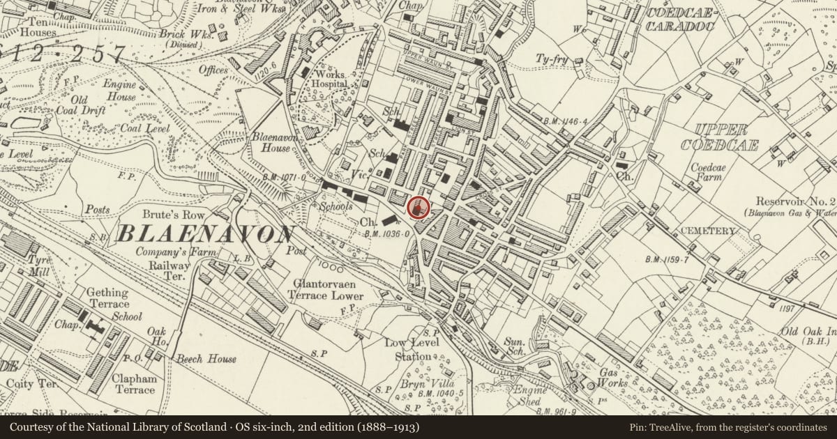 Ordnance Survey six-inch map, 2nd edition (1888–1913) covering the location of Horeb Baptist Church, Blaenavon, Torfaen, with a pin at the register's coordinates