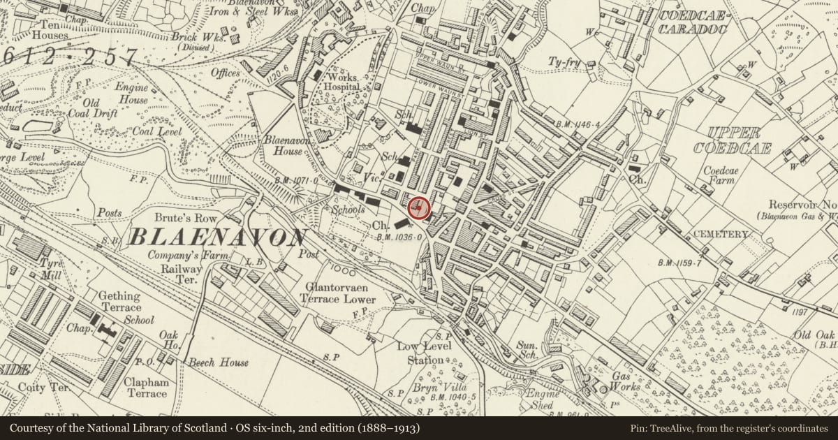 Ordnance Survey six-inch map, 2nd edition (1888–1913) covering the location of War Memorial, Blaenavon, Torfaen, with a pin at the register's coordinates