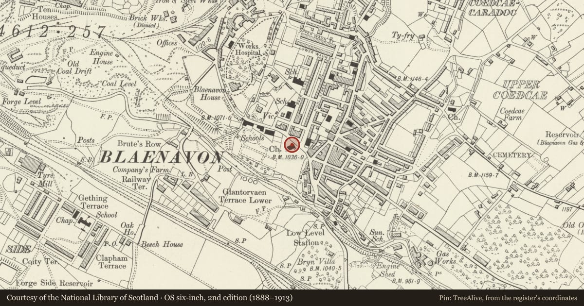 Ordnance Survey six-inch map, 2nd edition (1888–1913) covering the location of St Peter's Church, Blaenavon, Torfaen, with a pin at the register's coordinates